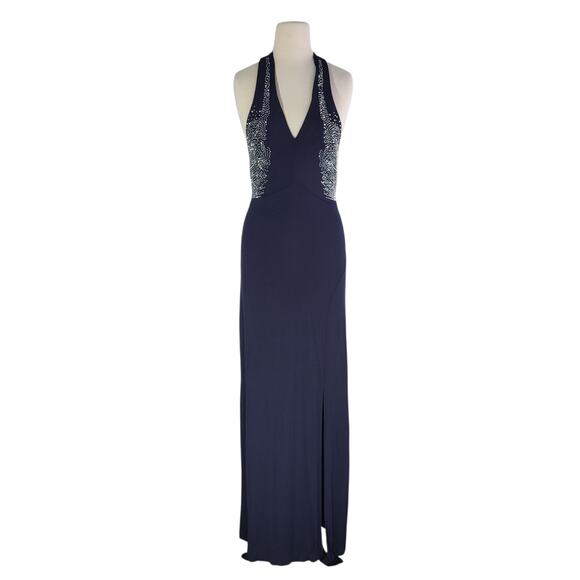 VTG Y2K Cache Beaded Halter Maxi Dress Navy Small Evening Prom Formal Gown READ - Picture 3 of 16